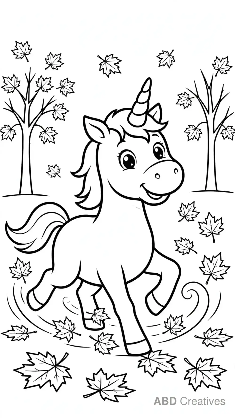 Unicorn Trotting through Autumn Leaves Coloring Page