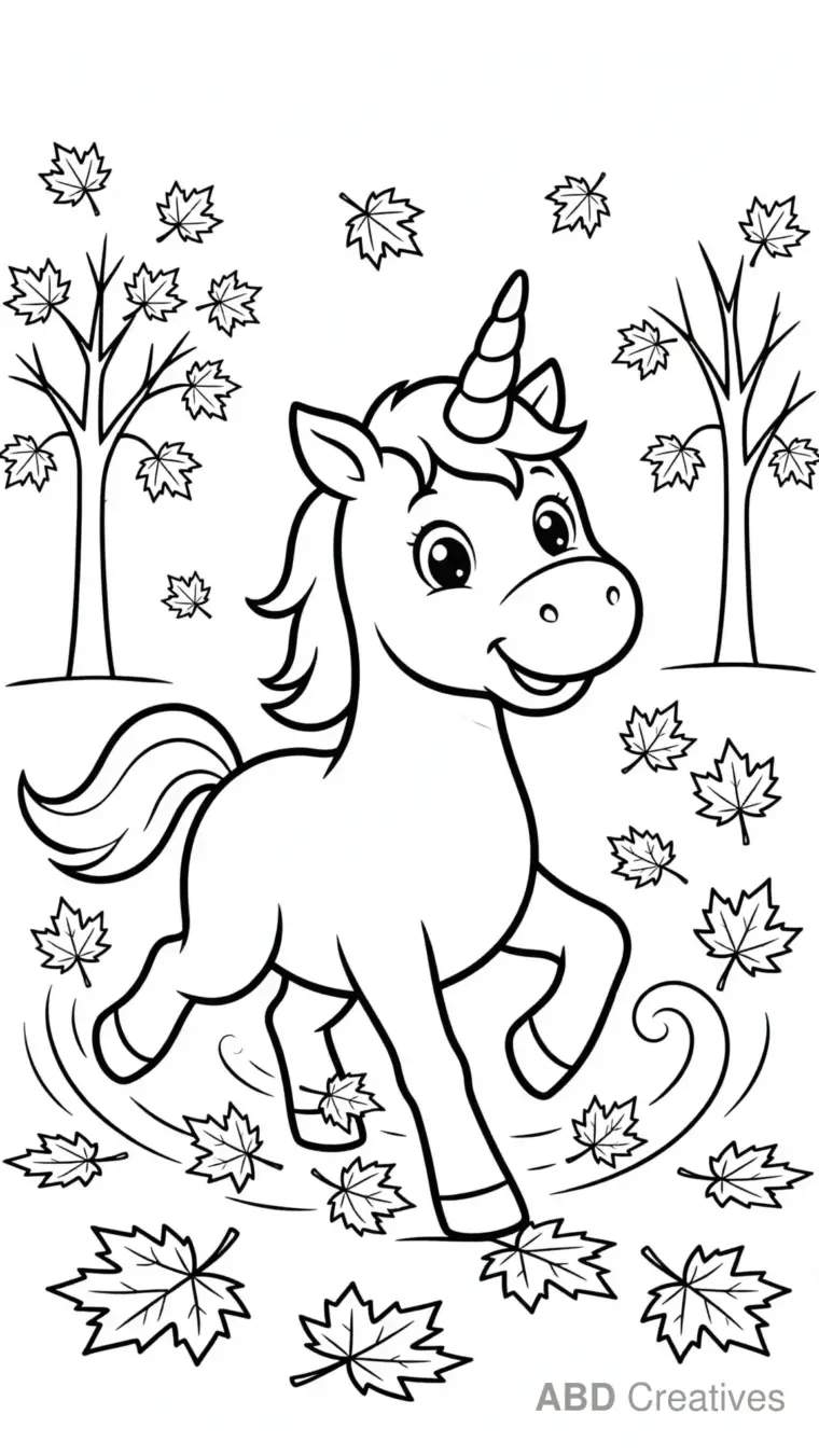 Unicorn Trotting through Autumn Leaves Coloring Page