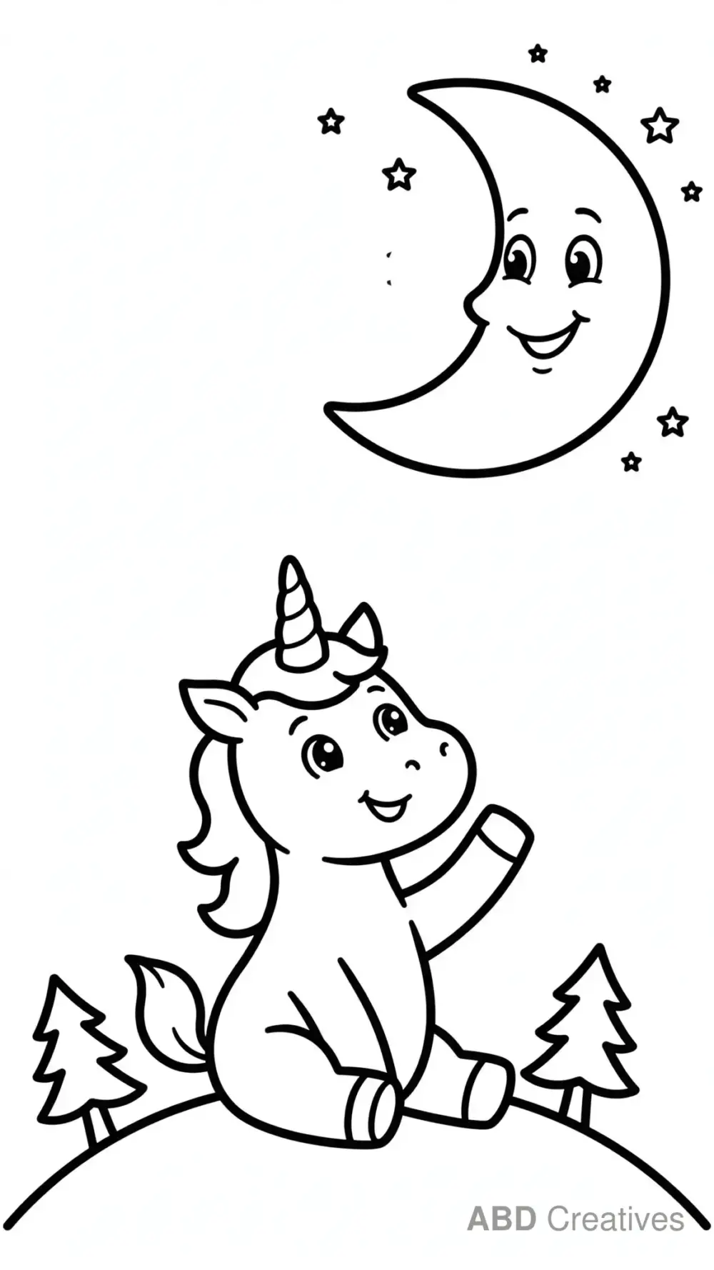 Unicorn Waving at the Moon Coloring Page