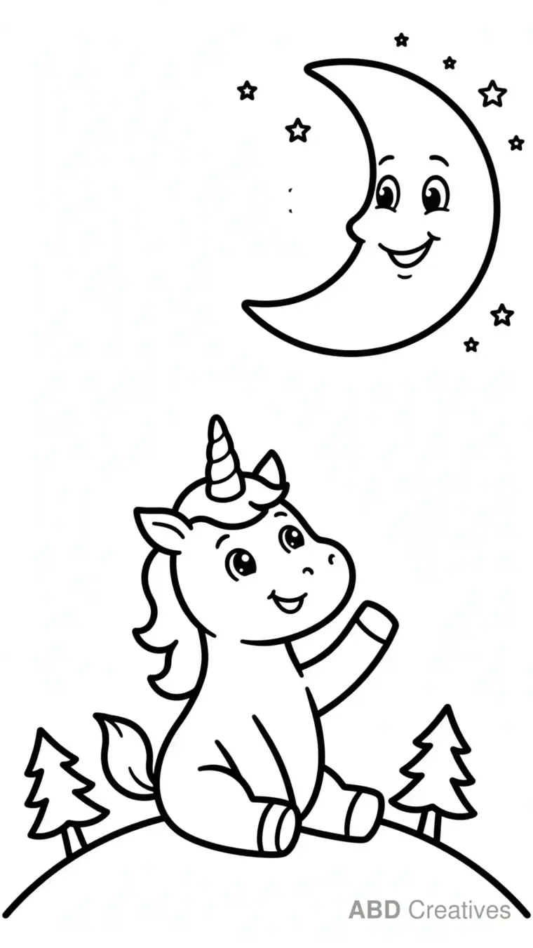 Unicorn Waving at the Moon Coloring Page