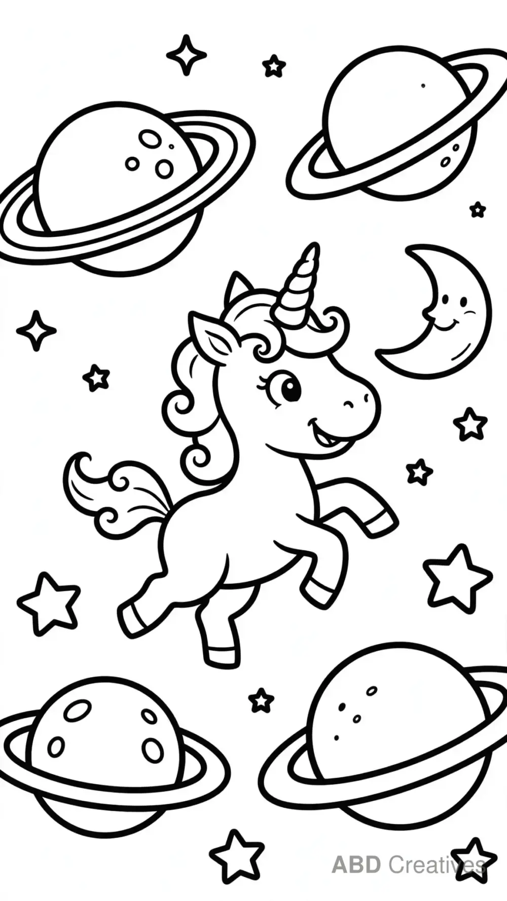 Unicorn among Stars and Planets Coloring Page