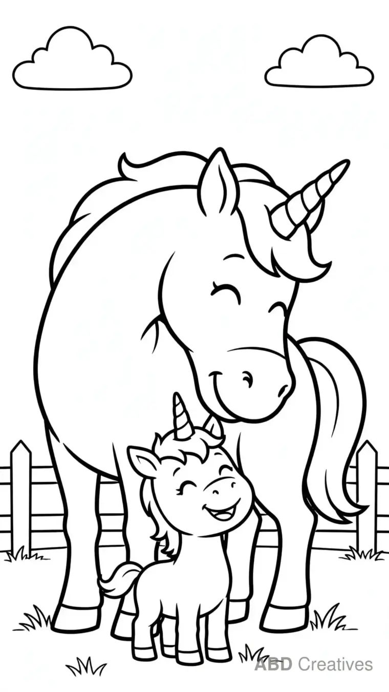 Unicorn and Baby Unicorn Together Coloring Page