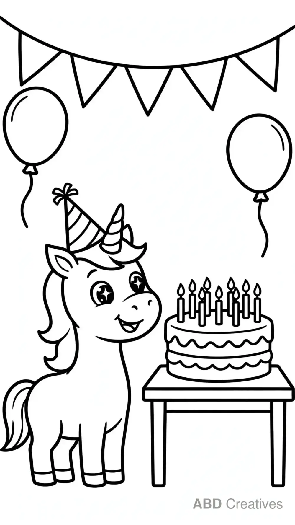 Unicorn at a Birthday Party Coloring Page