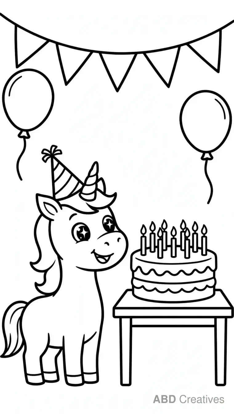 Unicorn at a Birthday Party Coloring Page
