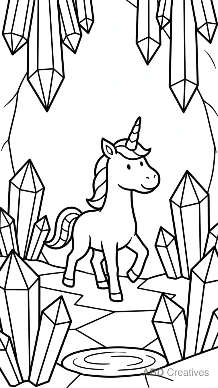 Unicorn in a Crystal Cave Coloring Page