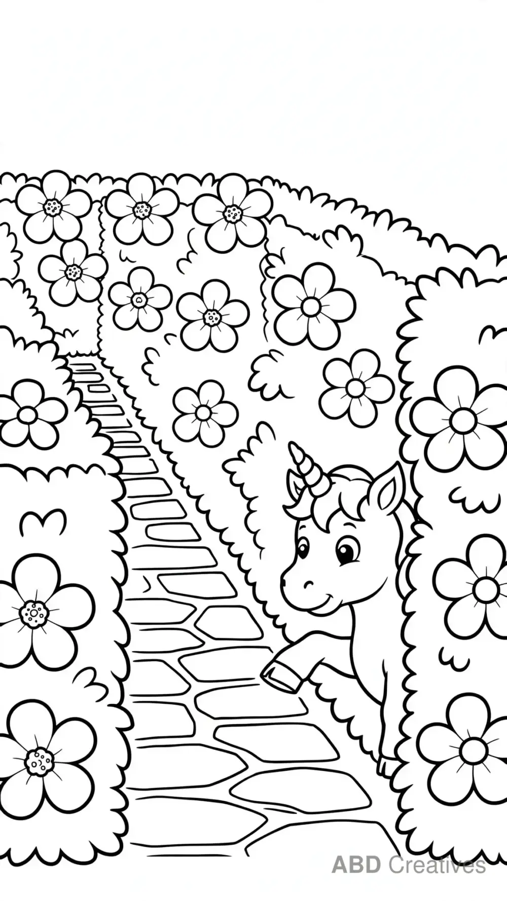Unicorn in a Flower Garden Maze Coloring Page