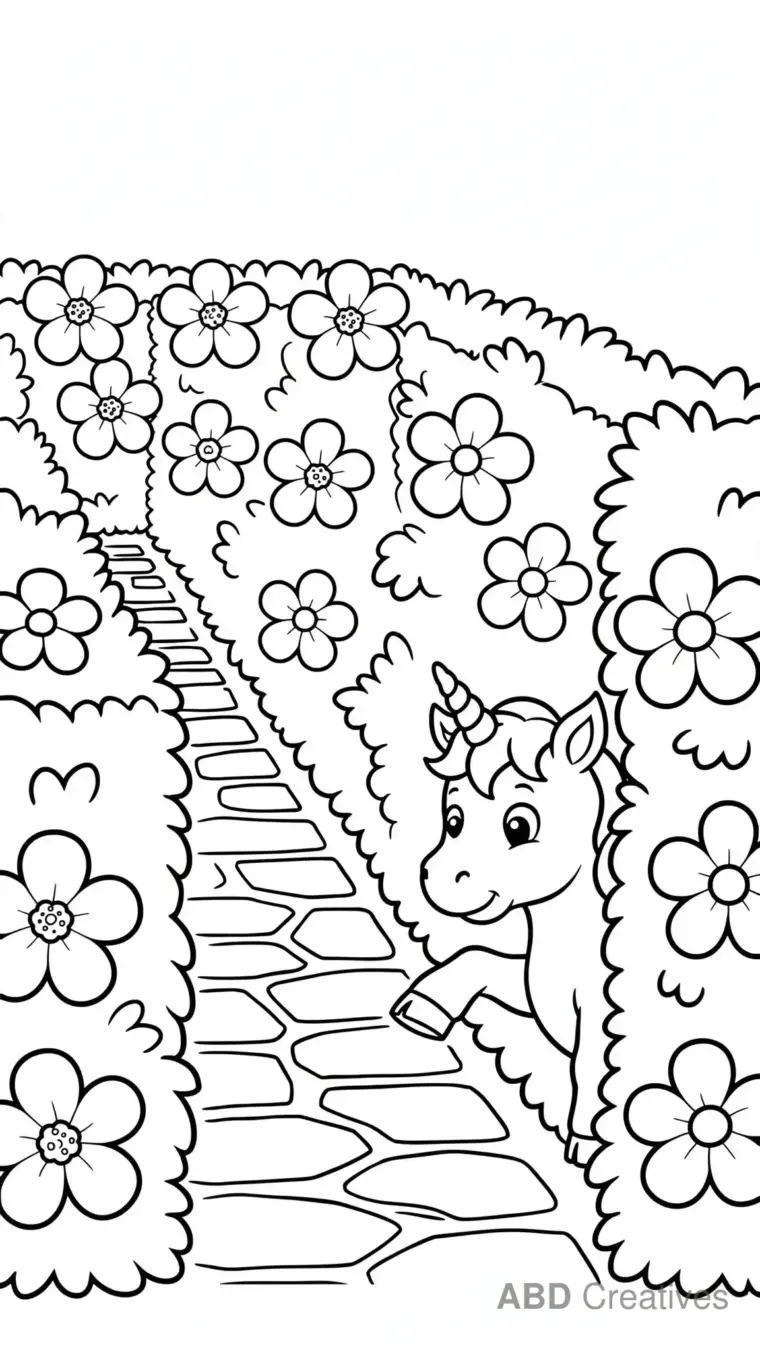 Unicorn in a Flower Garden Maze Coloring Page