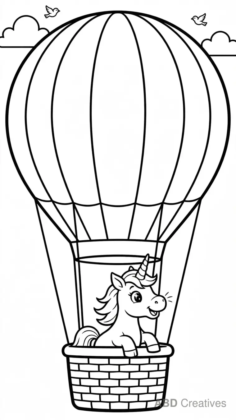 Unicorn in a Hot Air Balloon Coloring Page
