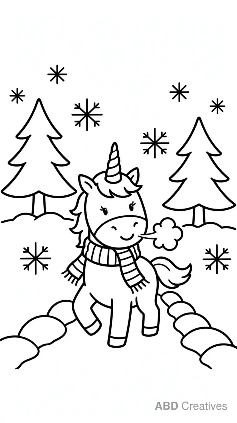 Unicorn in a Snowy Forest Coloring Page