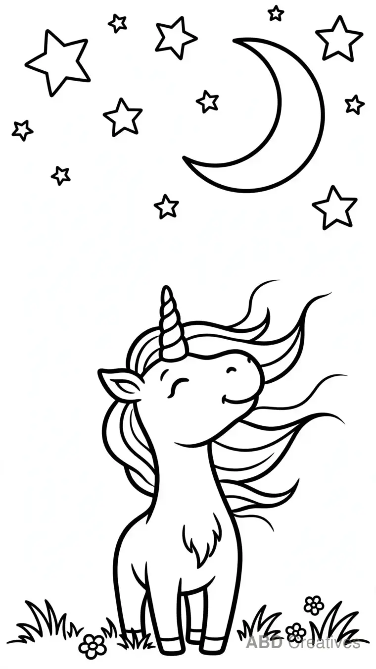 Unicorn under a Starry Night Coloring Page