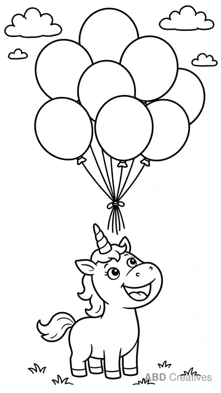 Unicorn with Balloons Coloring Page