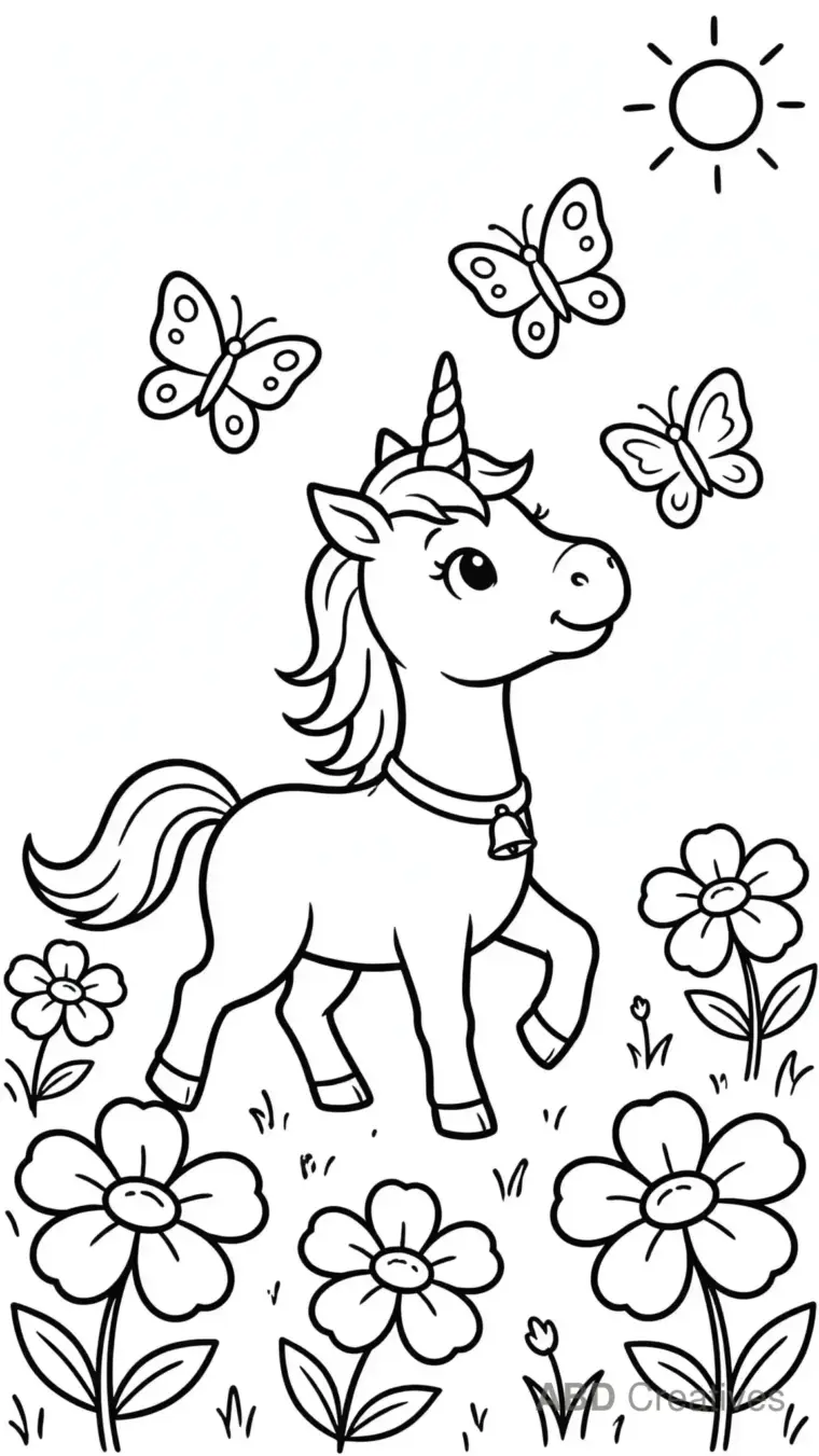 Unicorn with Butterfly Friends Coloring Page