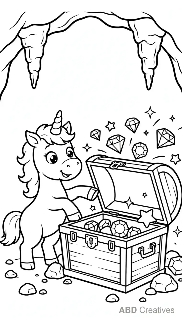 Unicorn with a Treasure Chest Coloring Page
