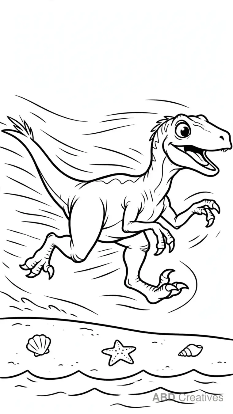Velociraptor Racing on a Beach Coloring Page