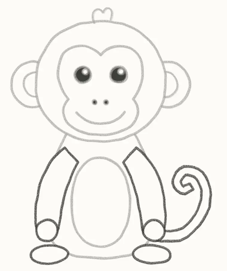 How to Draw a Cartoon Monkey, step 6: add the arms, feet and tail