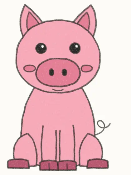 Finished cartoon pig drawing, coloured