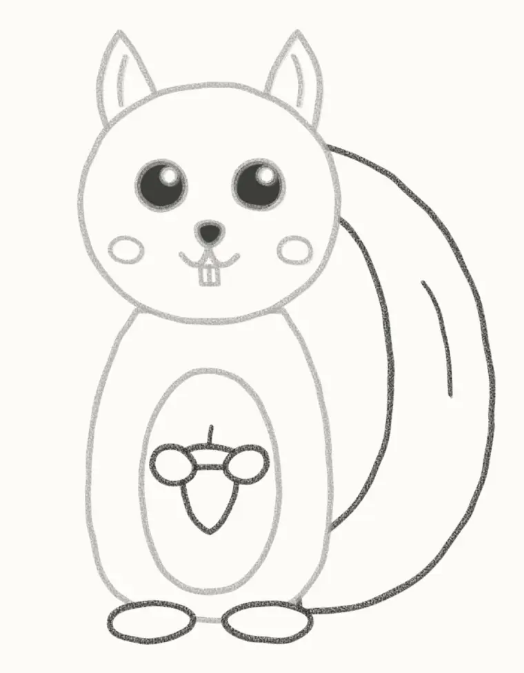 How to Draw a Cartoon Squirrel, step 6: add the tail, paws and acorn
