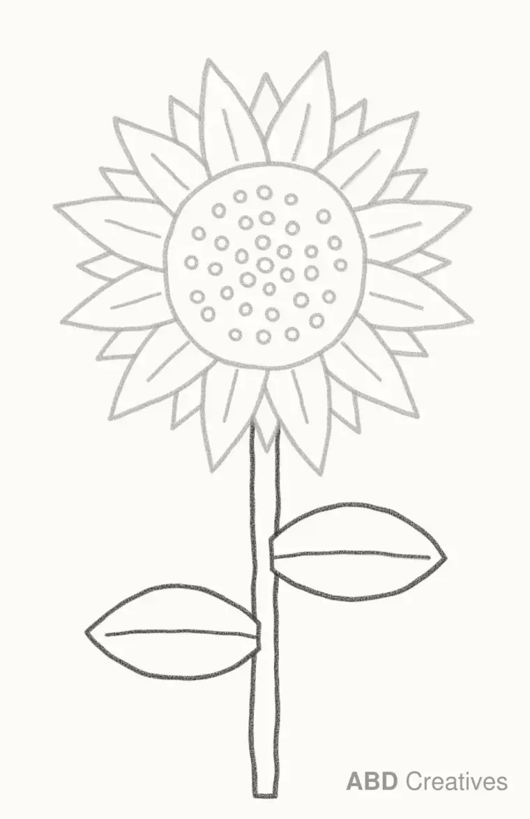 How to Draw a Cartoon Sunflower, step 6: draw the stem and leaves
