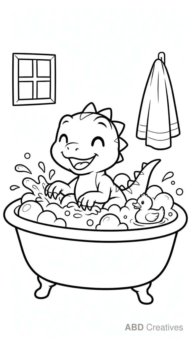 Baby Raptor in a Bathtub Coloring Page