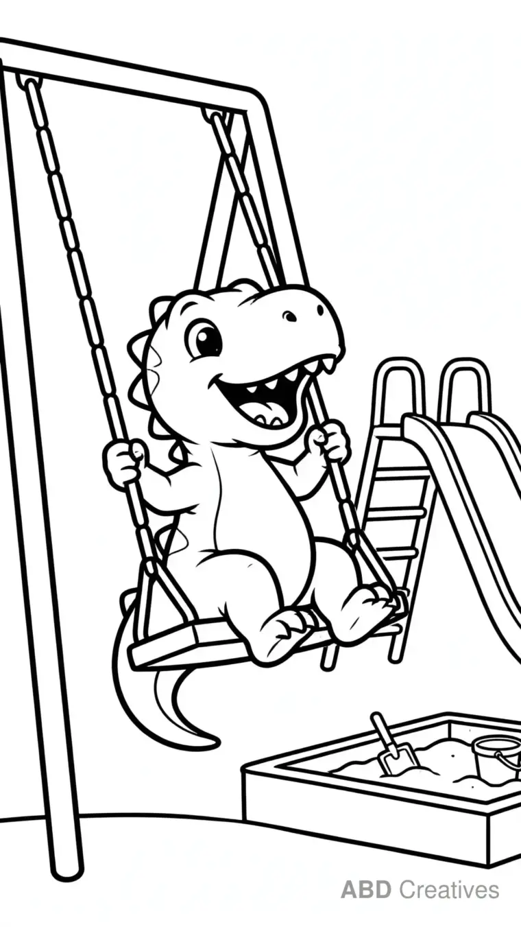 Baby T-Rex on a Swing Coloring Page