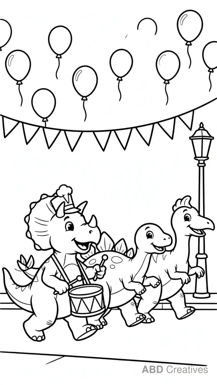 Dinosaur Parade with Balloons Coloring Page