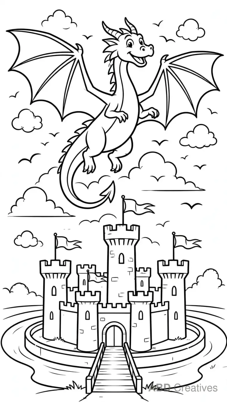 Dragon Flying Over a Castle Coloring Page