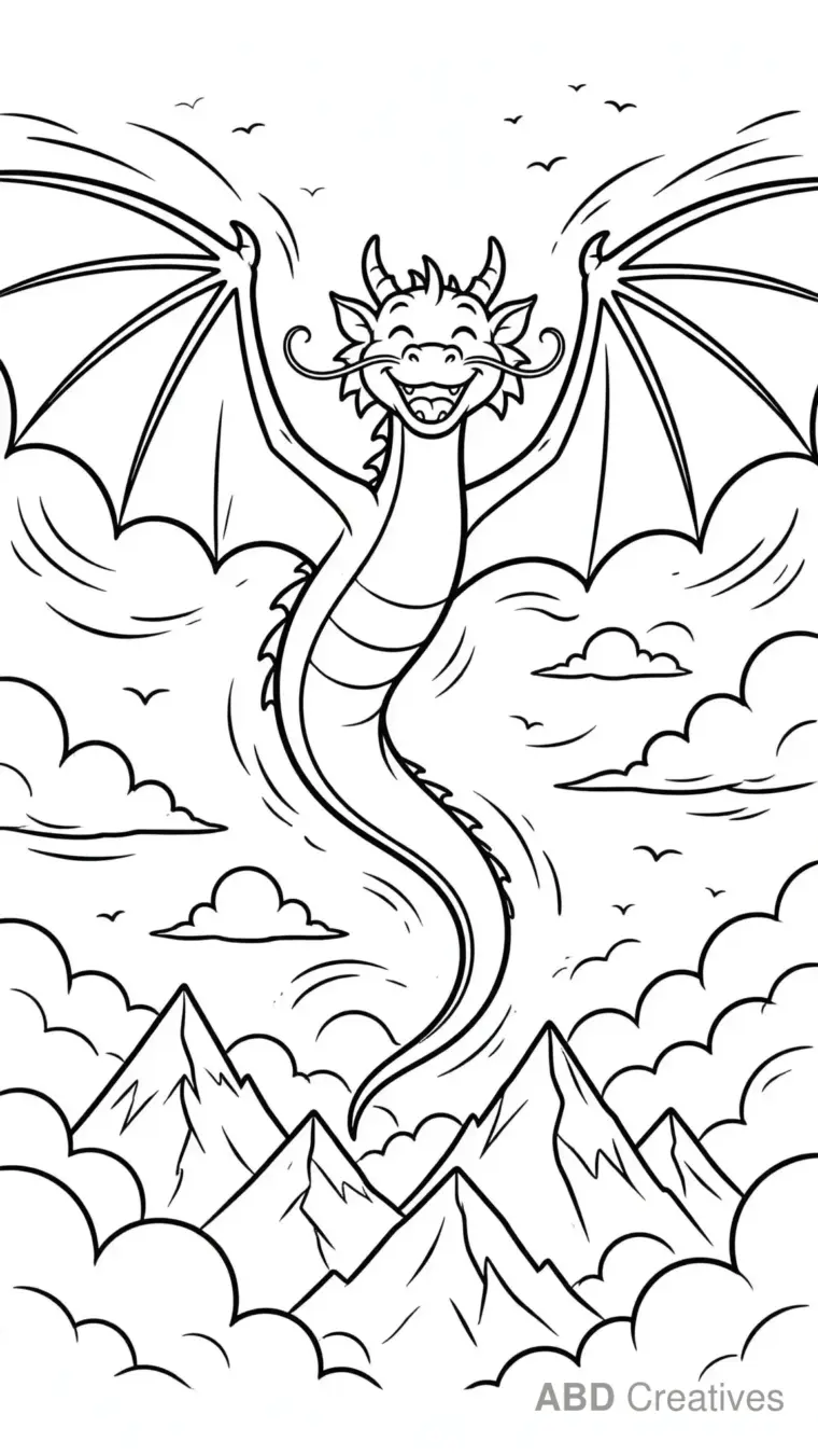 Dragon Flying Over Mountains Coloring Page