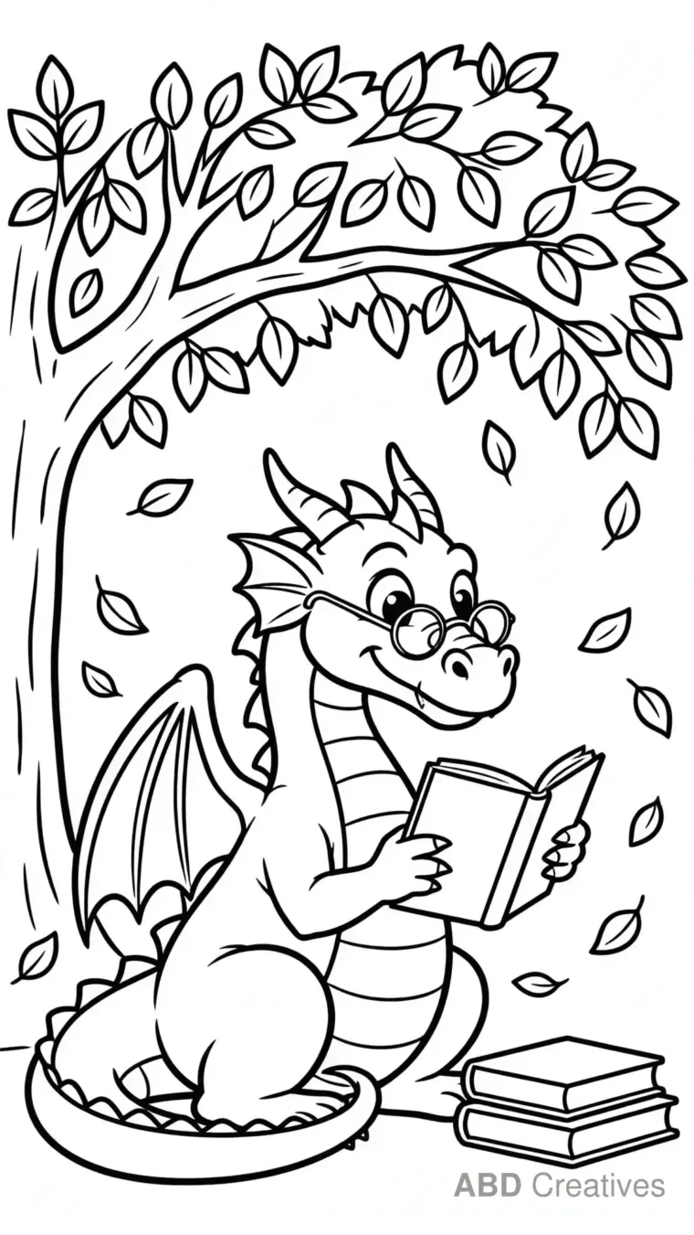 Dragon Reading a Book Coloring Page
