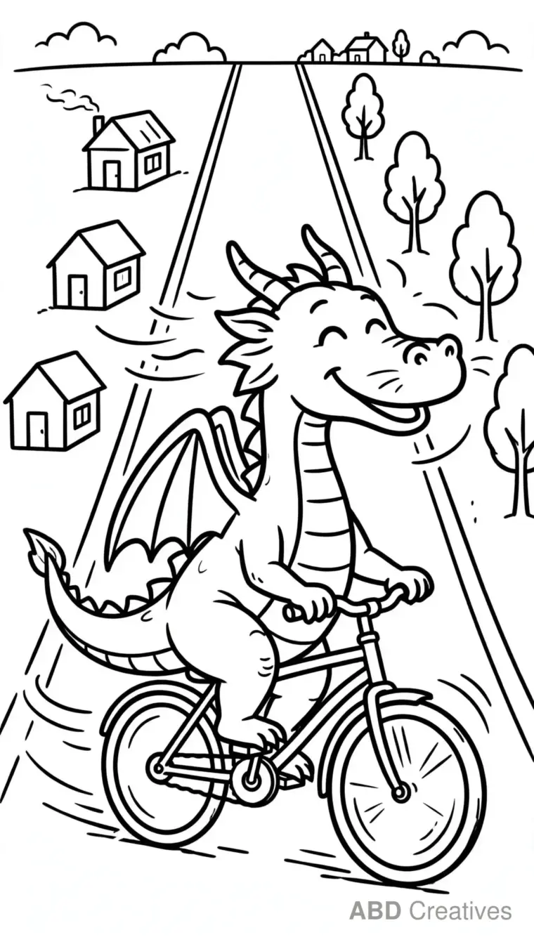 Dragon Riding a Bicycle Coloring Page
