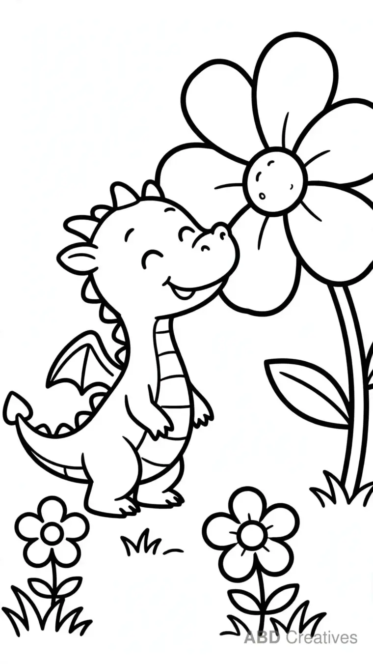 Dragon Smelling a Giant Flower Coloring Page