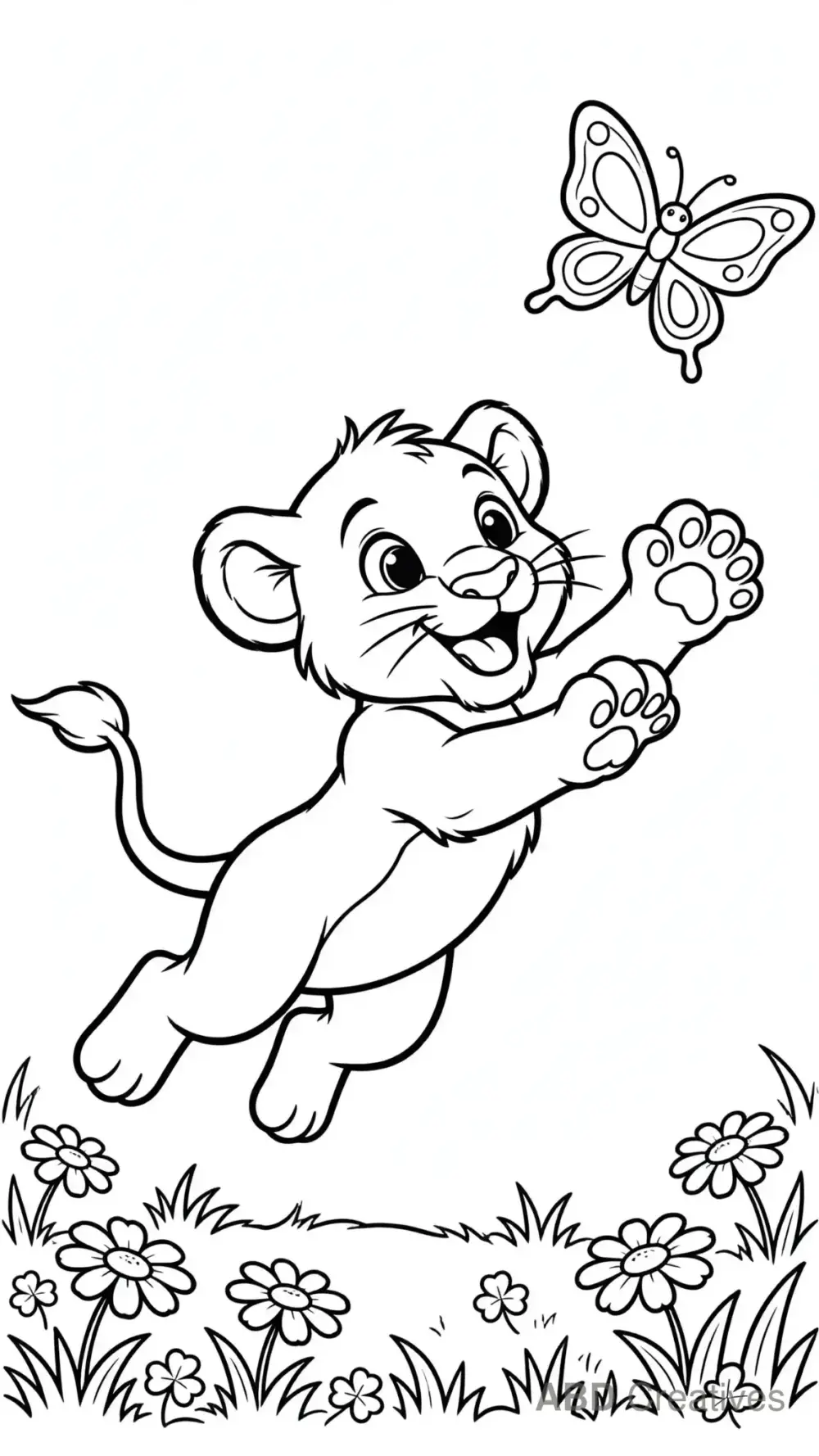 Lion Chasing a Butterfly Coloring Page