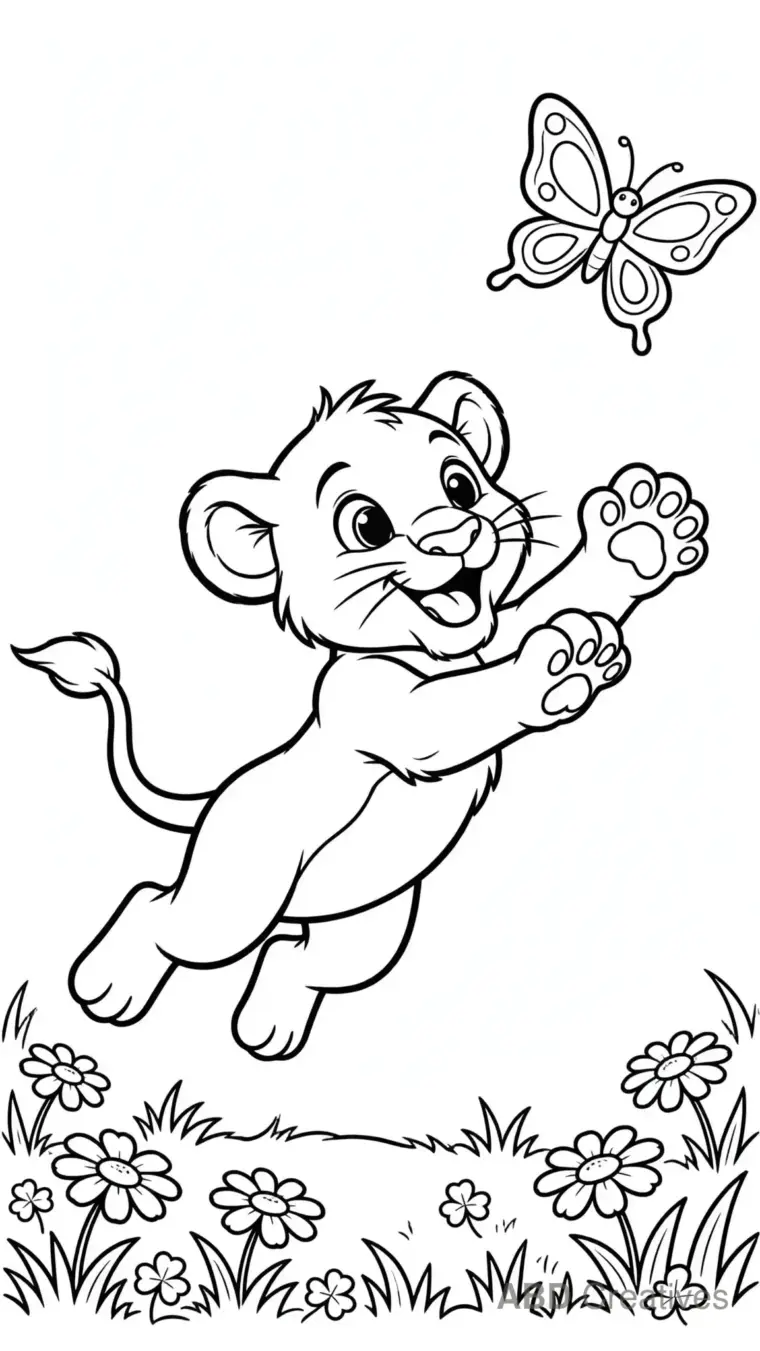Lion Chasing a Butterfly Coloring Page