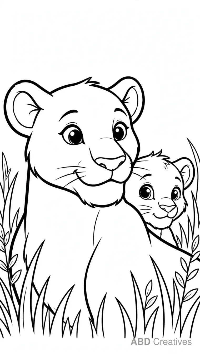 Lion Cub Hiding Behind Mom Coloring Page