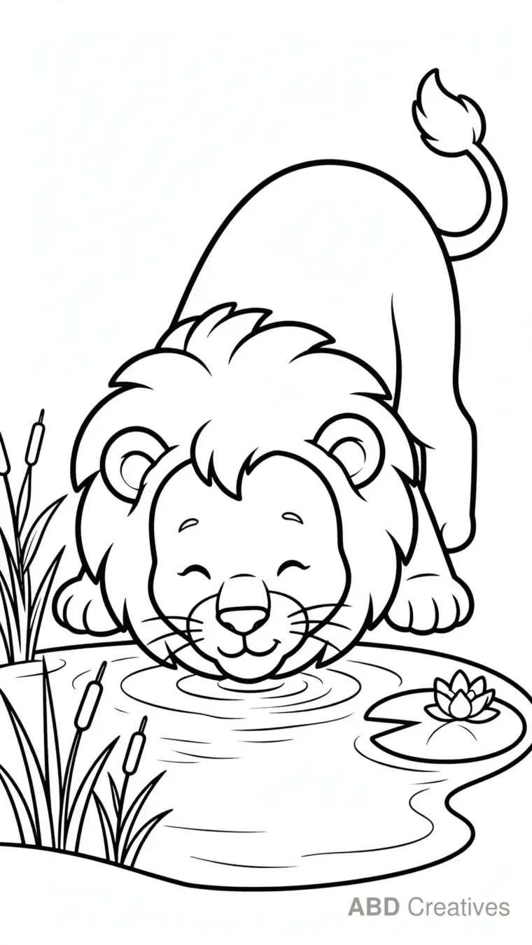 Lion Drinking from a Pond Coloring Page