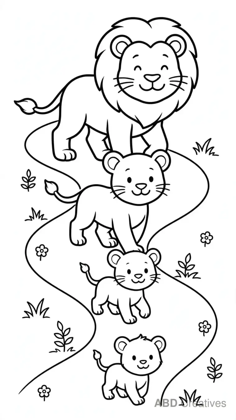 Lion Family Walking Together Coloring Page