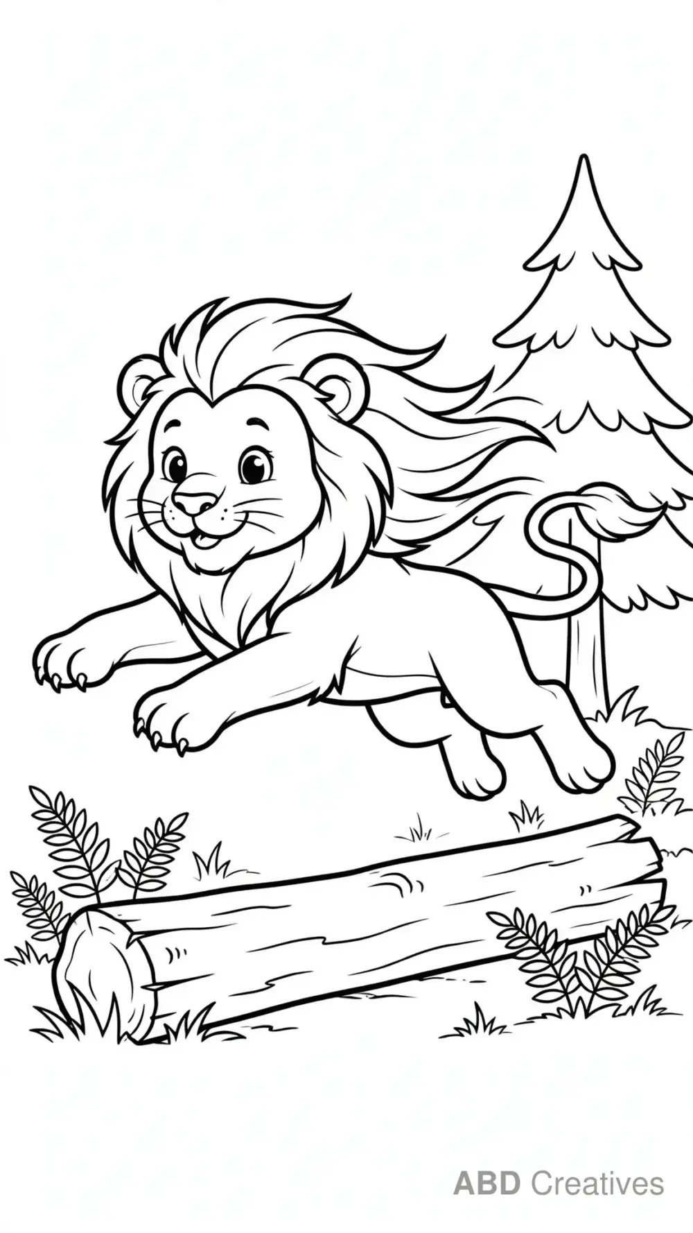 Lion Leaping Over a Fallen Log Coloring Page