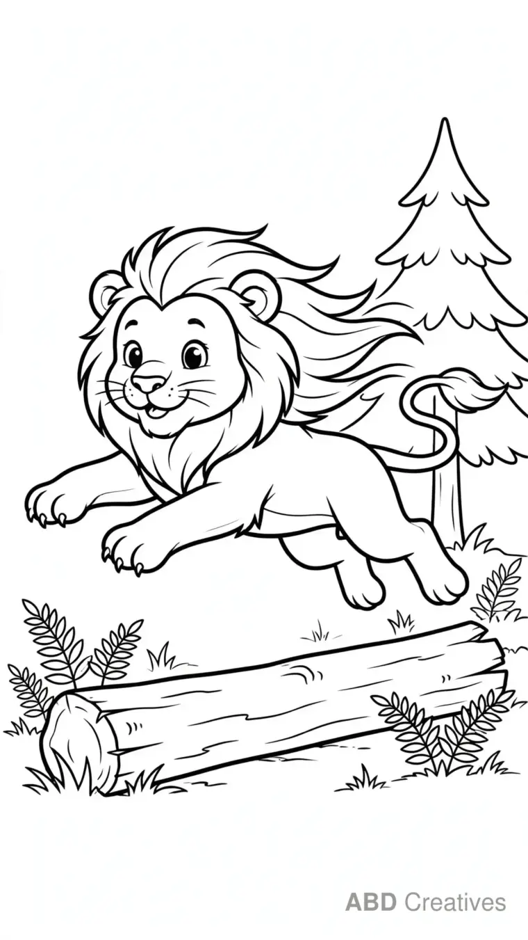 Lion Leaping Over a Fallen Log Coloring Page