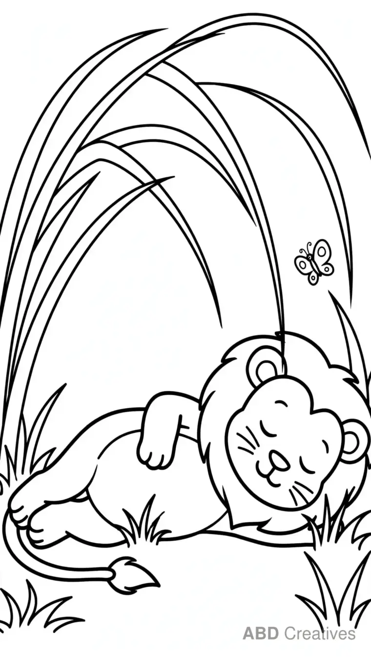 Lion Napping in Tall Grass Coloring Page