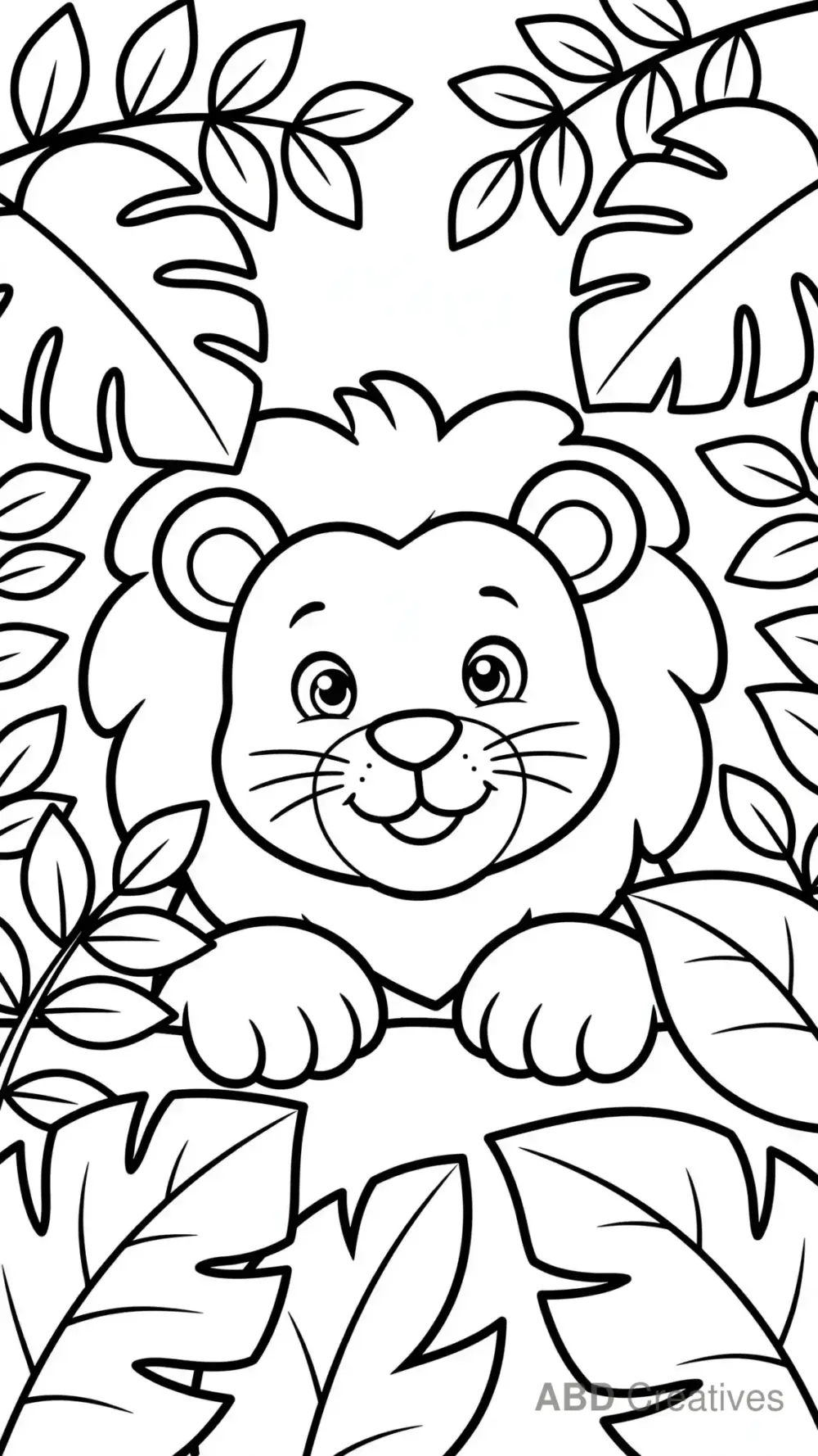 Lion Peeking Through Leaves Coloring Page