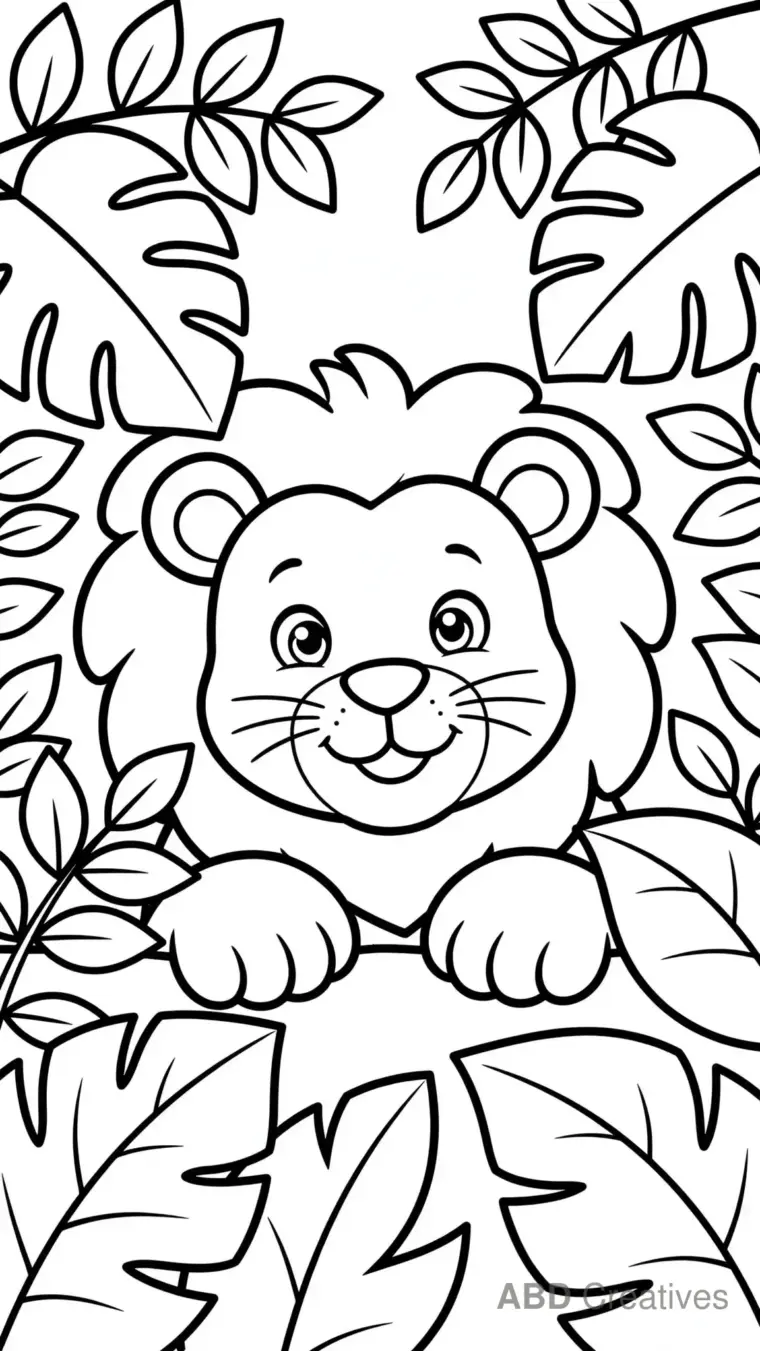 Lion Peeking Through Leaves Coloring Page