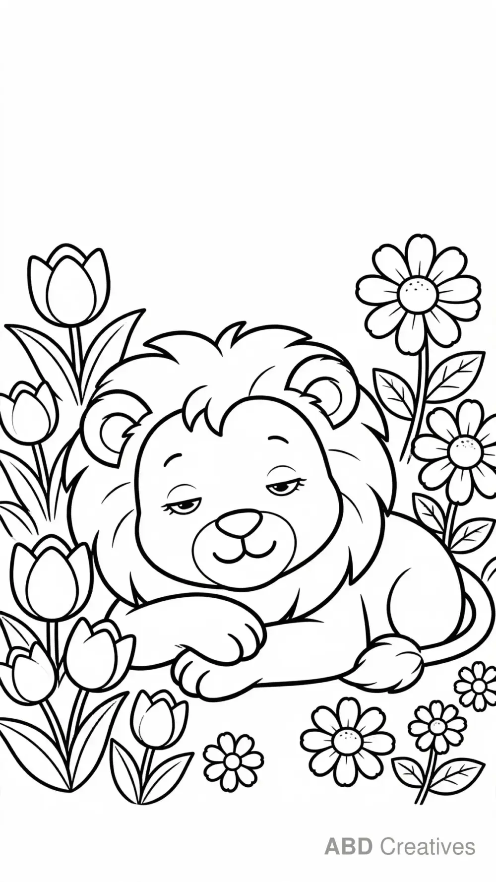 Lion Relaxing in a Flower Garden Coloring Page