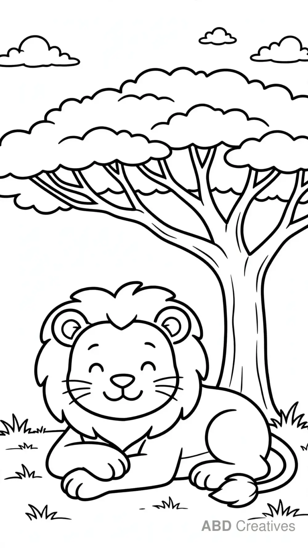 Lion Resting Under an Acacia Tree Coloring Page
