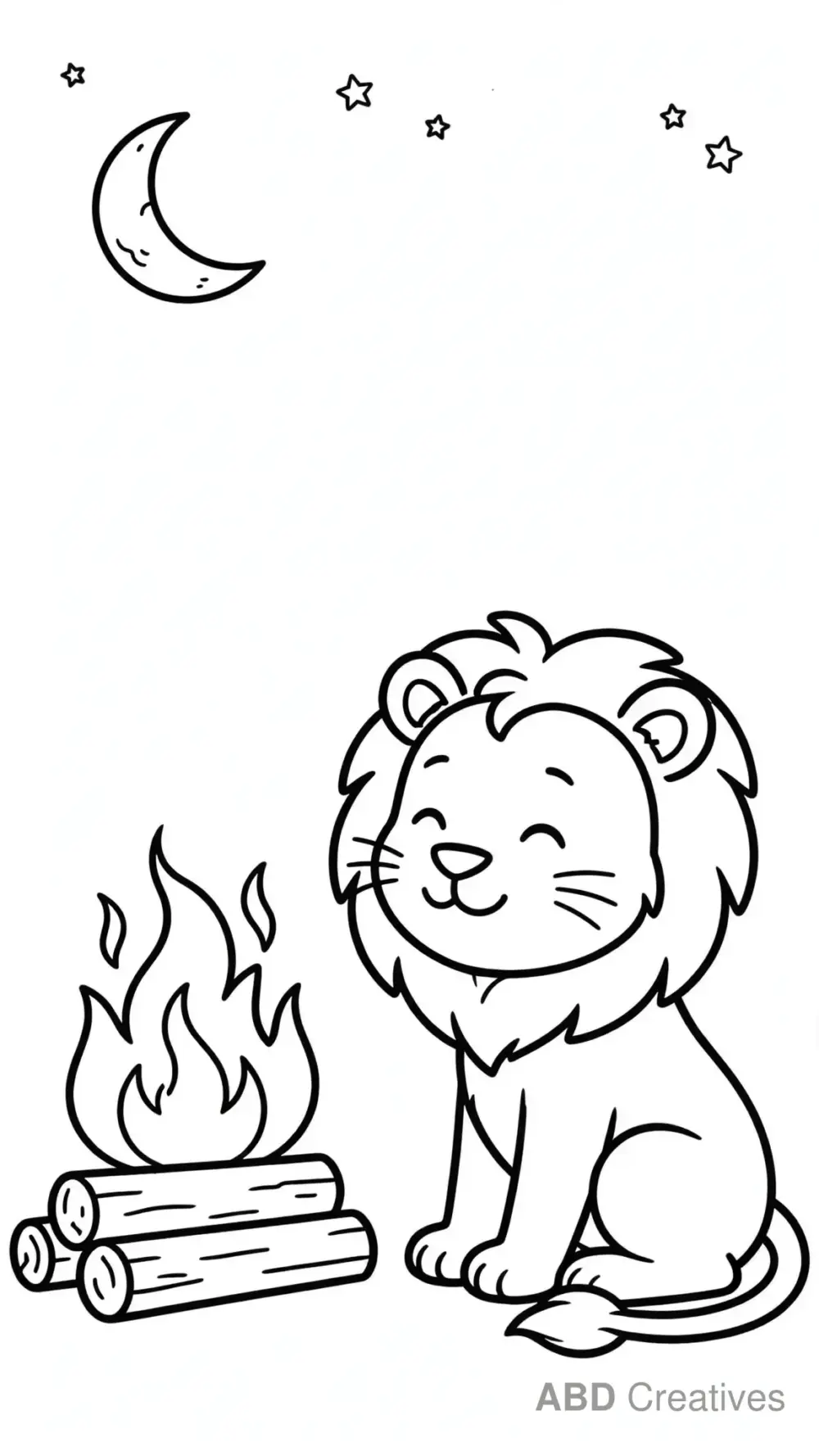 Lion Sitting by a Campfire Coloring Page