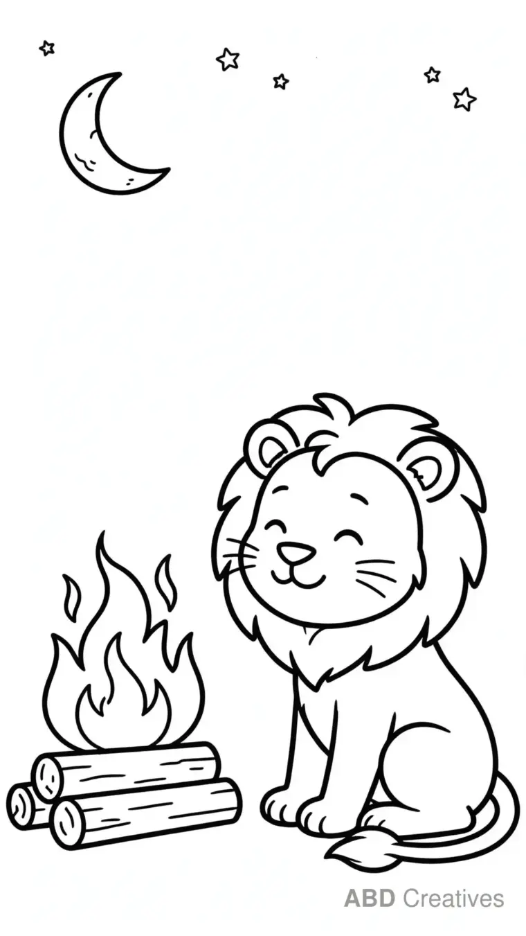 Lion Sitting by a Campfire Coloring Page