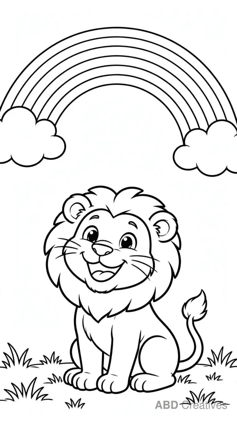 Lion Smiling Under a Rainbow Coloring Page