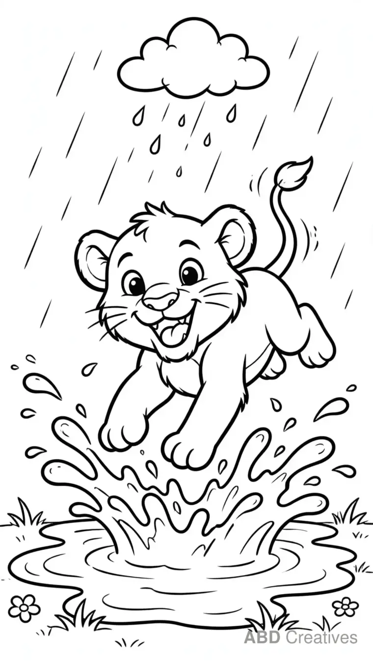 Lion Splashing in a Puddle Coloring Page