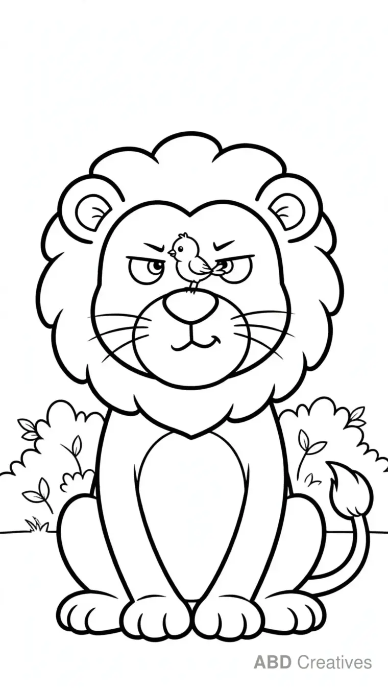 Lion with a Bird on His Nose Coloring Page