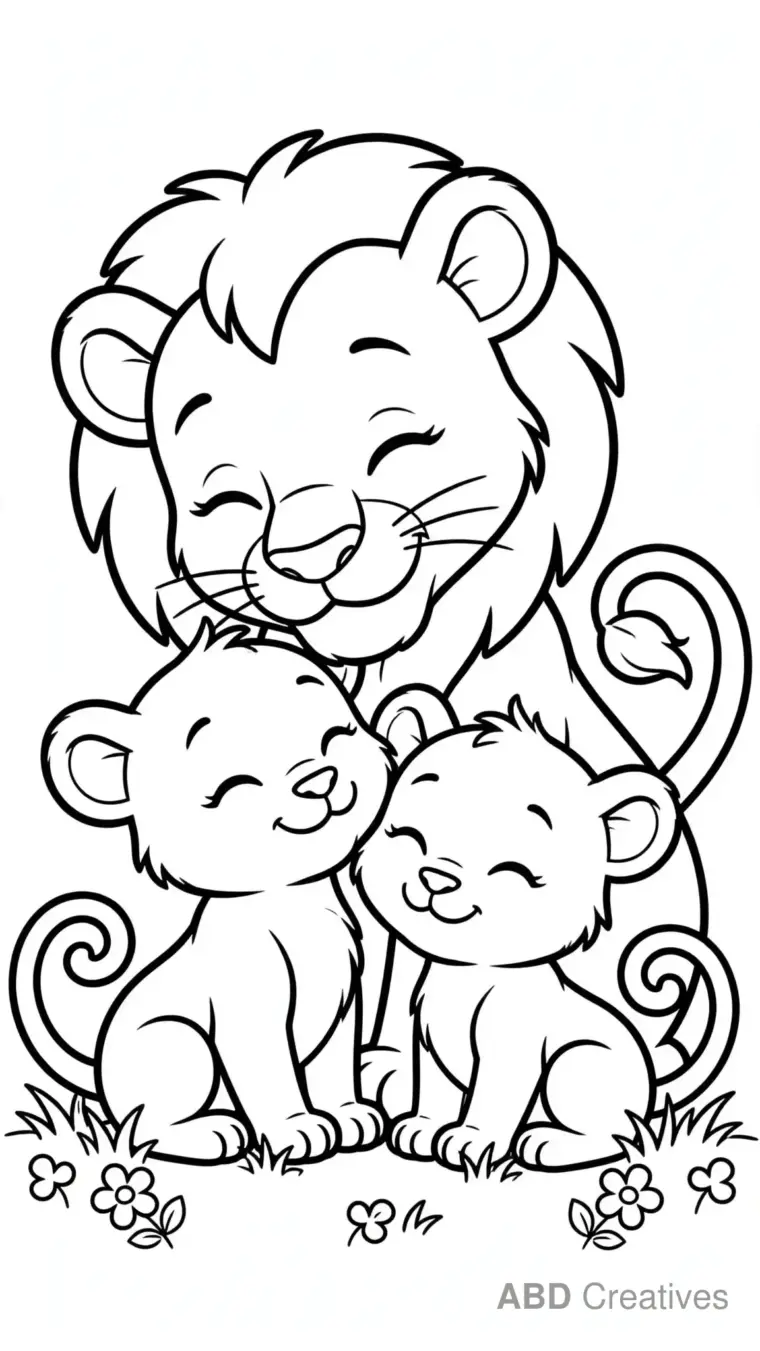 Lioness Cuddling Her Cubs Coloring Page
