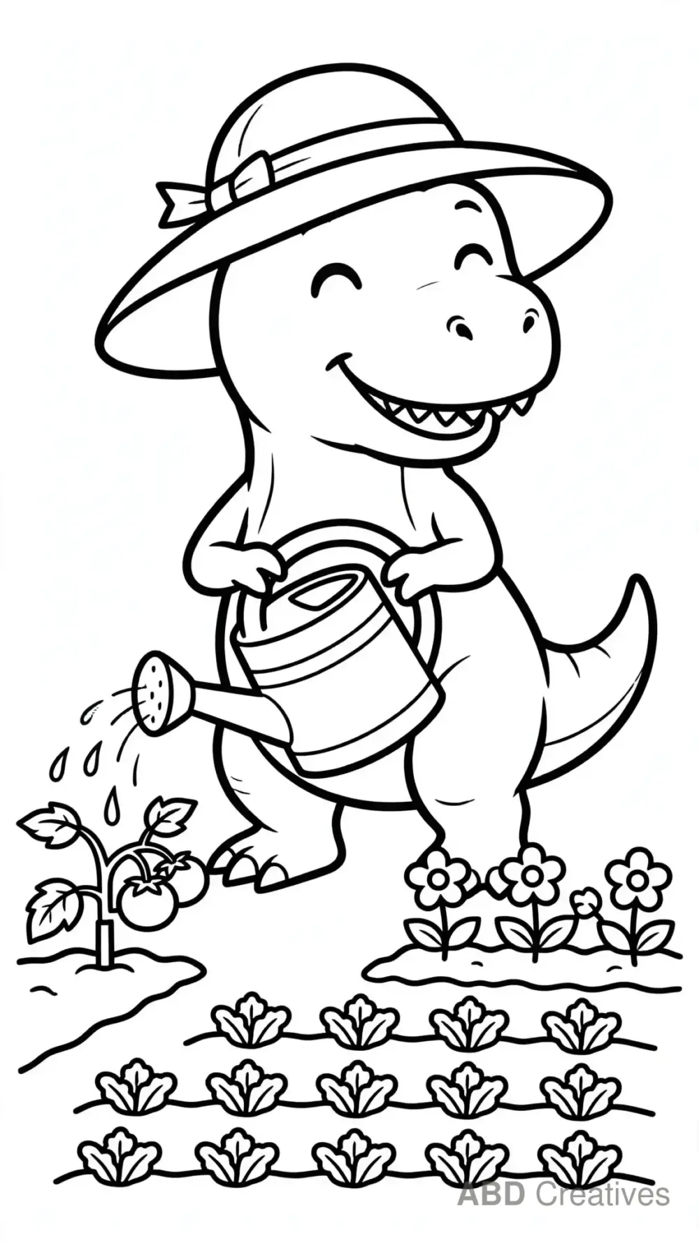 T-Rex Gardener with Watering Can Coloring Page