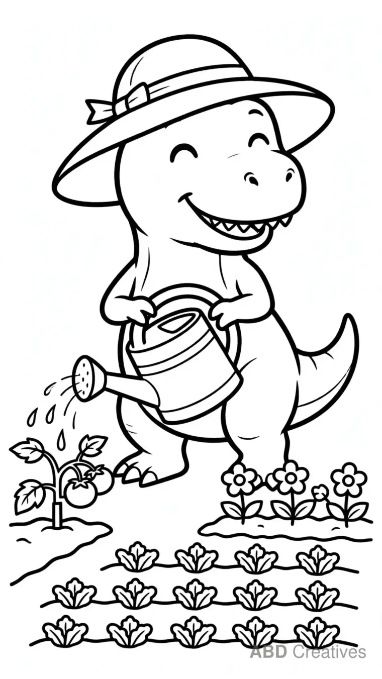 T-Rex Gardener with Watering Can Coloring Page
